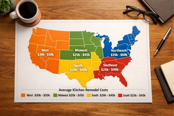 What Is The Most Expensive Part Of A Kitchen Remodel In 2026? 3 US regional kitchen remodel cost map showing price ranges by area