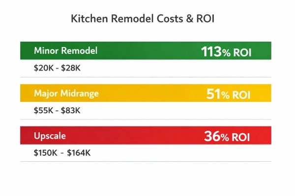 Kitchen remodel cost vs ROI comparison infographic for 2026