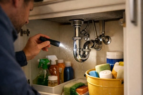 5 Home Remodeling Mistakes That Blow Budgets In 2026 (And How To Dodge Them) 7 Checking under kitchen sink for leaks as part of post-remodel maintenance