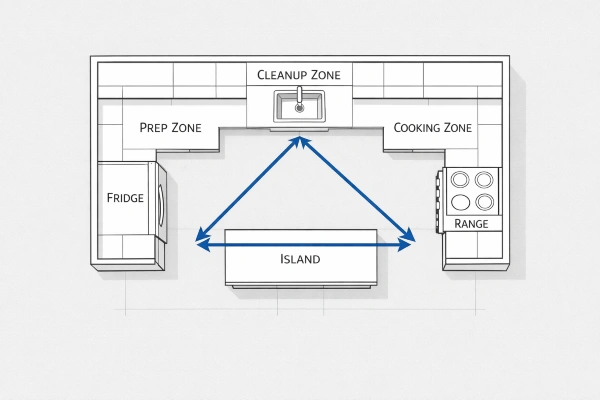 Kitchen work triangle layout floor plan showing optimal workflow design