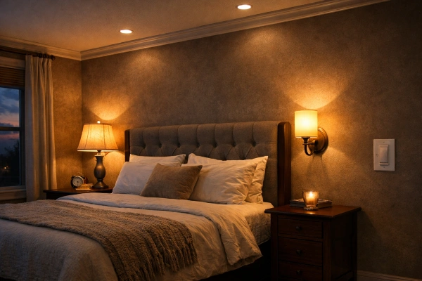 Layered bedroom lighting with recessed lights sconces and bedside lamps