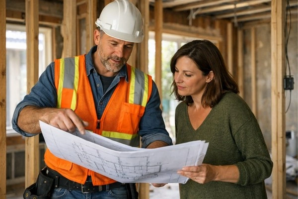 How To Plan A Home Remodel Budget In 2026 (Without Blowing It) 6 Licensed contractor reviewing renovation plans with homeowner