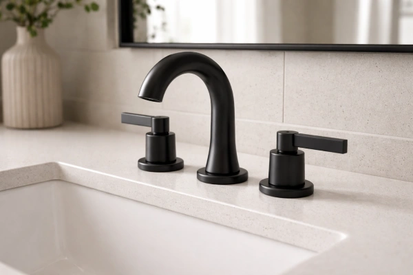 Matte black bathroom faucet upgrade on white quartz countertop