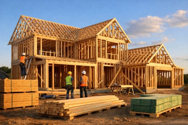 New home construction framing stage with modern building materials
