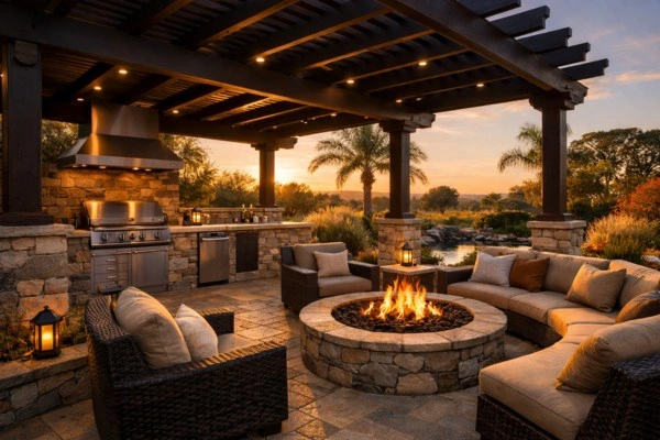 14 Home Remodel Design Trends for 2026 (And What They Actually Cost) 1 Outdoor kitchen and living space with fire pit and covered pergola