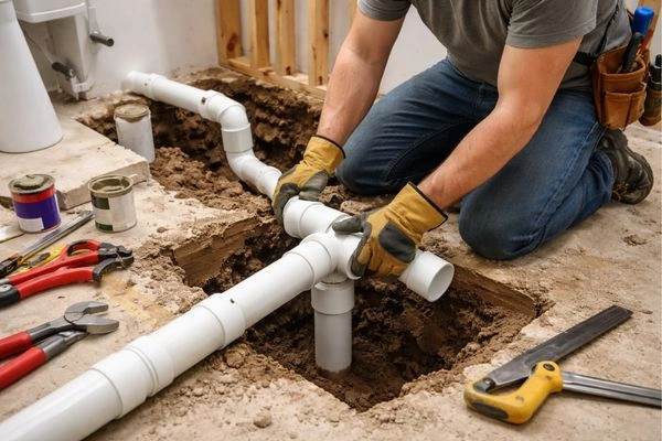 Plumber installing new drain lines during bathroom remodel plumbing relocation
