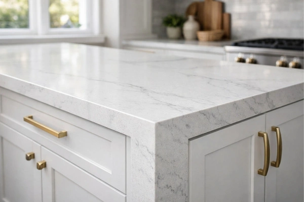 What Is The Most Expensive Part Of A Kitchen Remodel In 2026? 5 White quartz waterfall countertop on island with semi-custom shaker cabinets