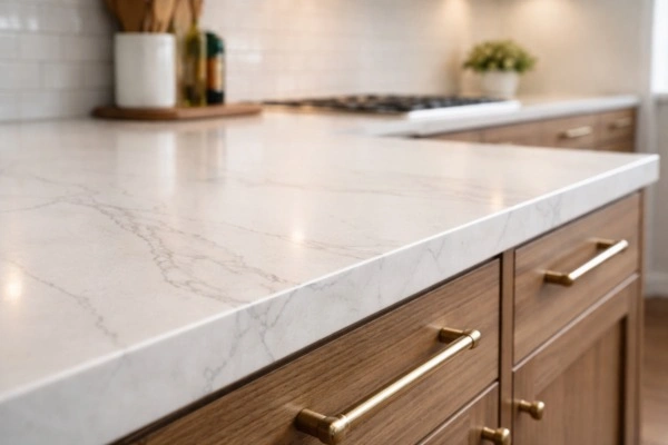 Quartz countertop on wood-grain cabinets in a kitchen remodel