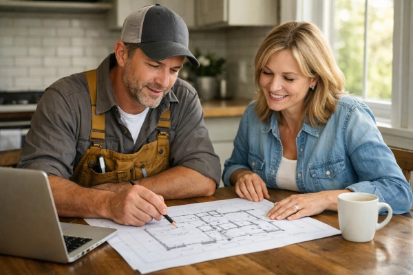 Contractor reviewing remodel plans with homeowner