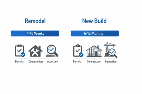 Infographic comparing remodeling and new construction project timelines