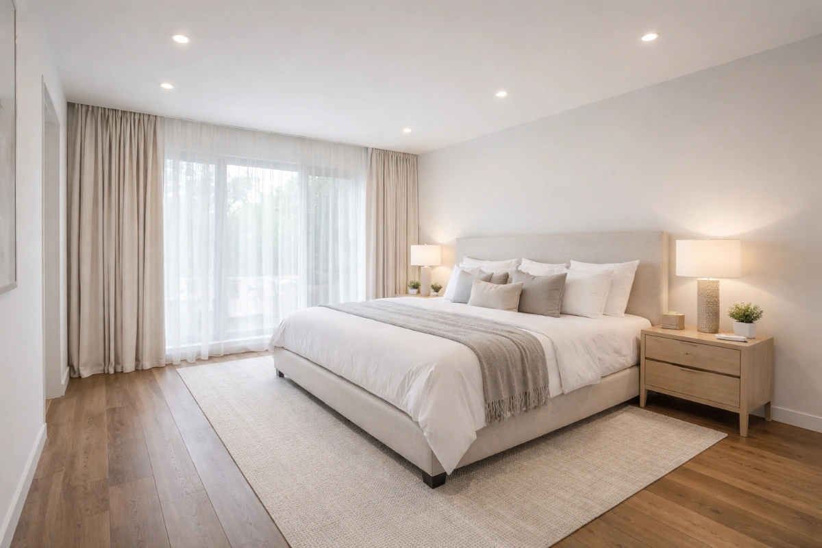 Remodeled modern bedroom with hardwood floors and layered lighting in 2026