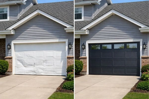 5 Home Remodeling Mistakes That Blow Budgets In 2026 (And How To Dodge Them) 1 Before and after garage door replacement showing high-ROI remodeling upgrade