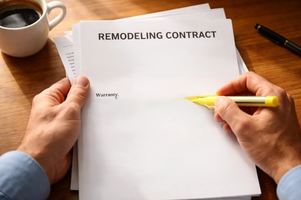 Homeowner reviewing remodel contract warranty fine print