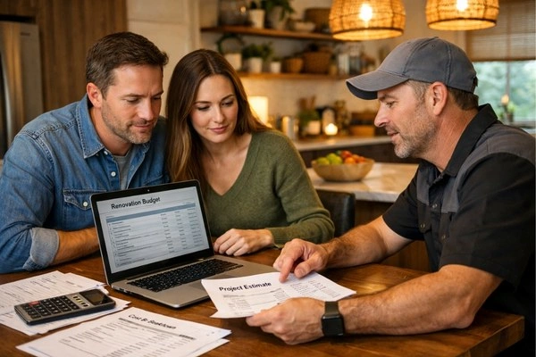 14 Questions To Ask Before Hiring a Remodeling Contractor In 2026 4 Homeowners reviewing remodeling project costs with contractor