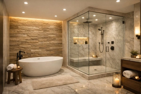 14 Home Remodel Design Trends for 2026 (And What They Actually Cost) 3 Spa primary bathroom with freestanding tub and marble tile