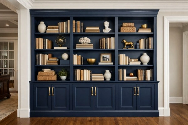 14 Home Remodel Design Trends for 2026 (And What They Actually Cost) 5 Restored built-in cabinet painted navy with new brass hardware