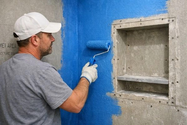 Waterproof membrane applied to shower walls before tile installation