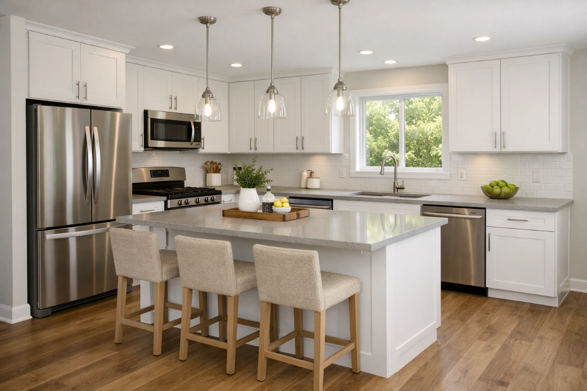 Completed $25,000 kitchen remodel with quartz countertops and semi-custom cabinets