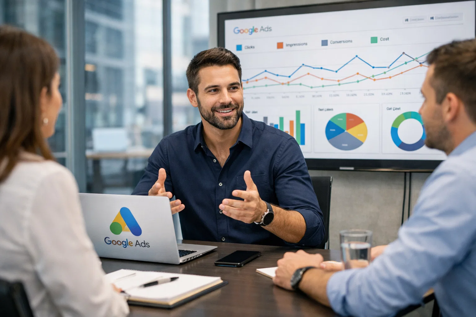 Google Ads expert leading a strategy meeting in a modern San Diego, CA office.