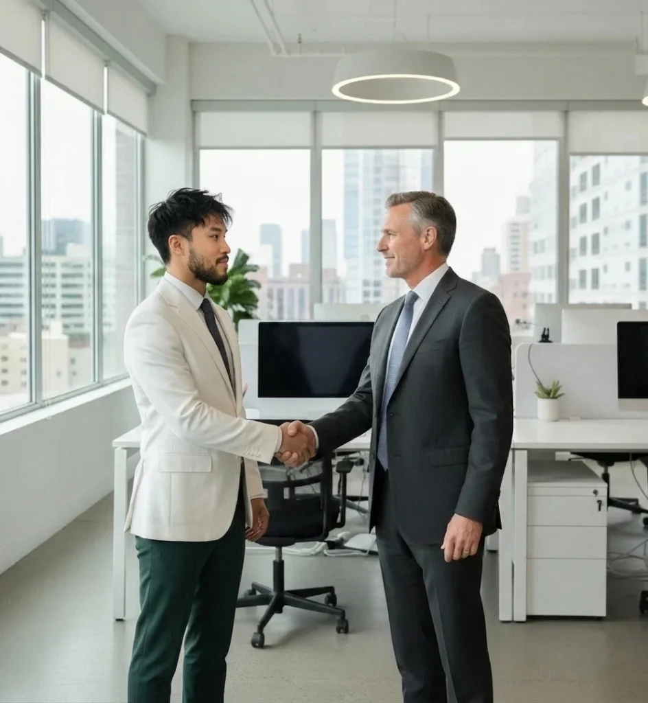 Michael Vale and home remodeling CEO client shaking hands during meeting in Jacksonville, FL