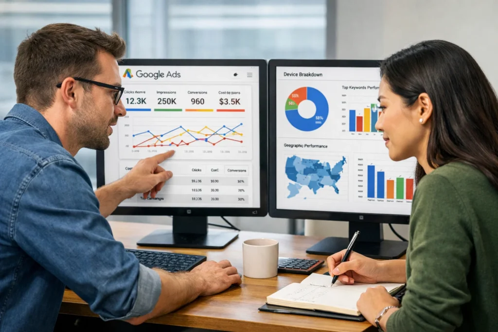 Two SEO and PPC specialists reviewing Google Ads dashboards and metrics in Jacksonville, FL