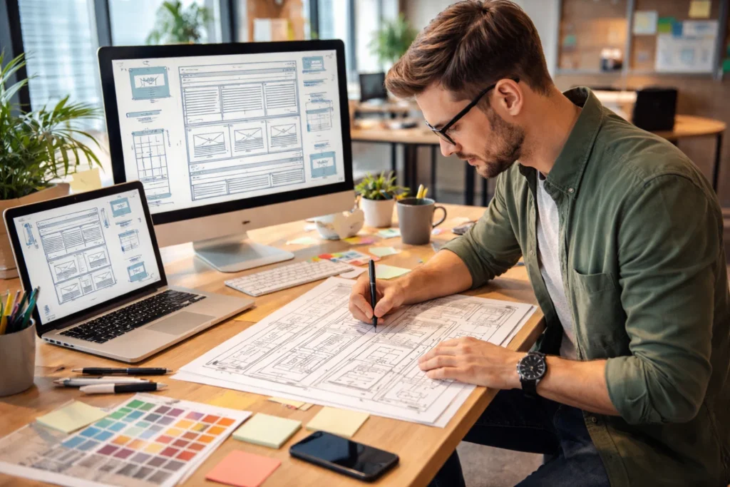 Web designer in a Jacksonville, FL office creating a wireframe for a modern website layout