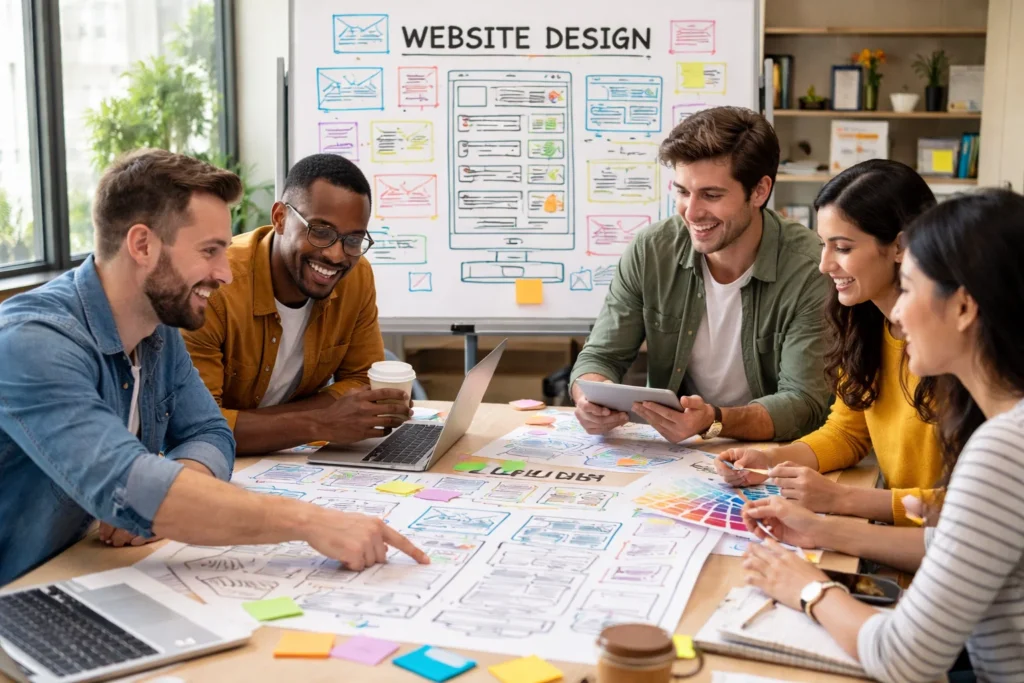Web developers and designers brainstorming website ideas in an office in San Diego, CA