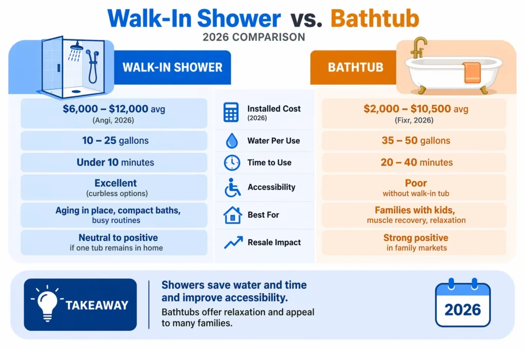 Bath Vs Shower: Costs, Resale Value & Which One Wins In 2026 1 Bath vs shower comparison infographic showing cost and water use data