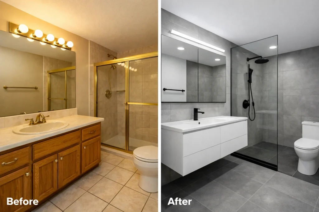 Before and after bathroom remodel showing modern tile and fixtures