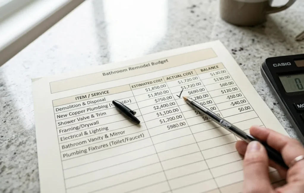 Bathroom Renovation Order: The Right Sequence In 2026 2 Bathroom remodel budget spreadsheet with itemized line costs