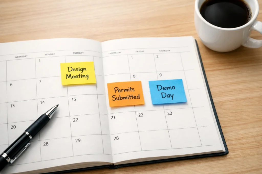 Bathroom remodel planning calendar with renovation milestones marked