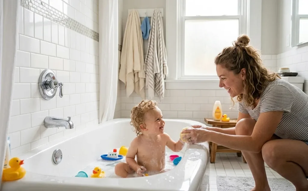 Bath Vs Shower: Costs, Resale Value & Which One Wins In 2026 3 Parent bathing toddler in alcove bathtub in family bathroom