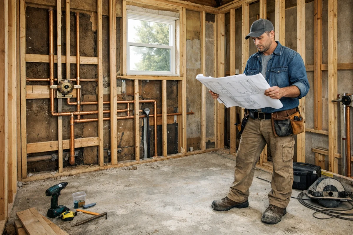 Bathroom remodel in progress with exposed plumbing and framing