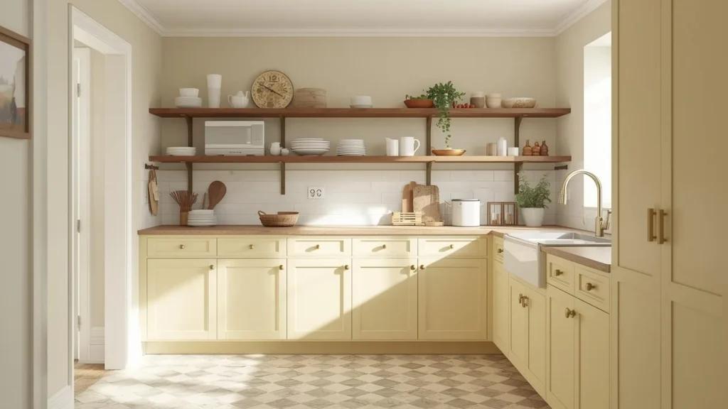 7 Best Kitchen Cabinet Color Ideas Worth Your Money In 2026 4 Soft butter yellow kitchen cabinet color ideas with walnut shelving and stone checkerboard floor
