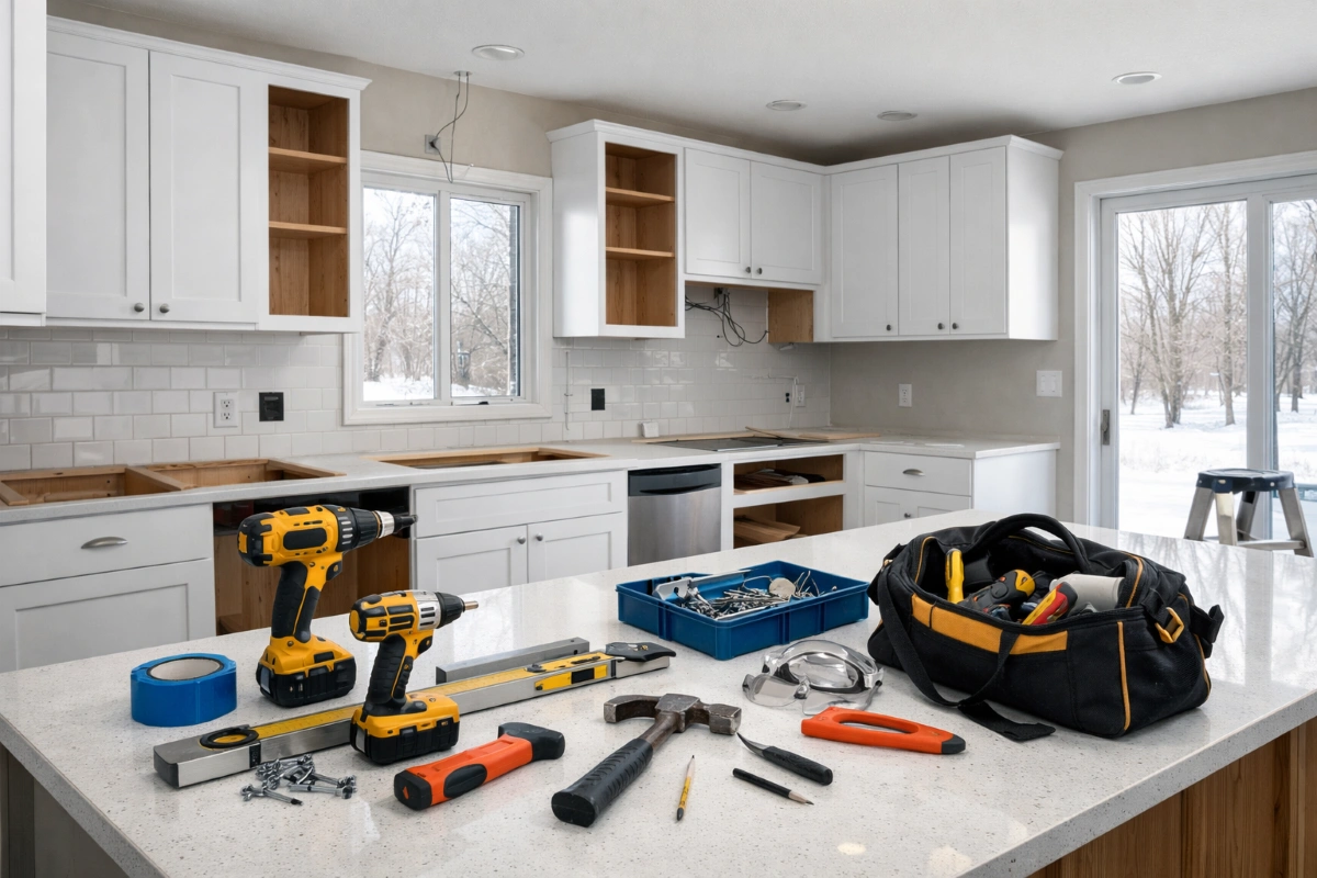 Kitchen remodel in progress during winter with cabinets being installed