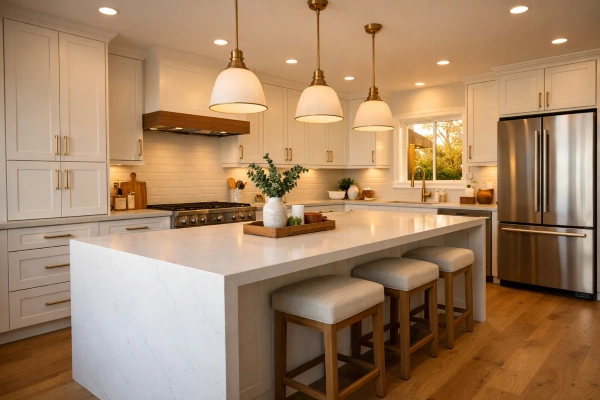 Completed kitchen remodel with white cabinets and quartz island after renovation