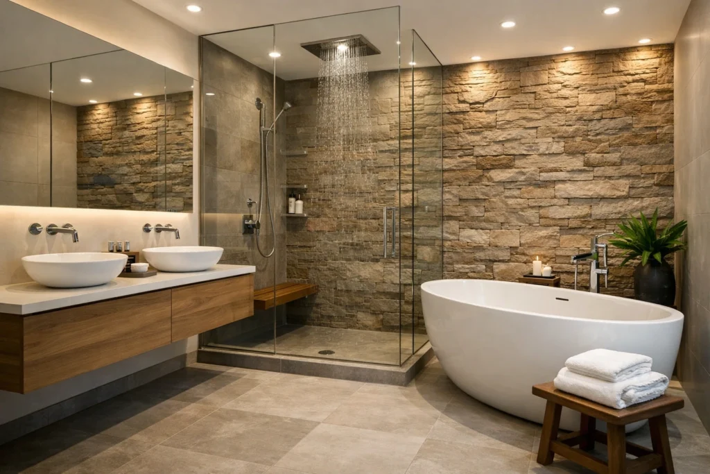 Completed modern luxury bathroom remodel with walk-in shower
