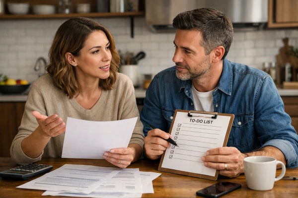 Couple comparing must-have home features before deciding to remodel or move