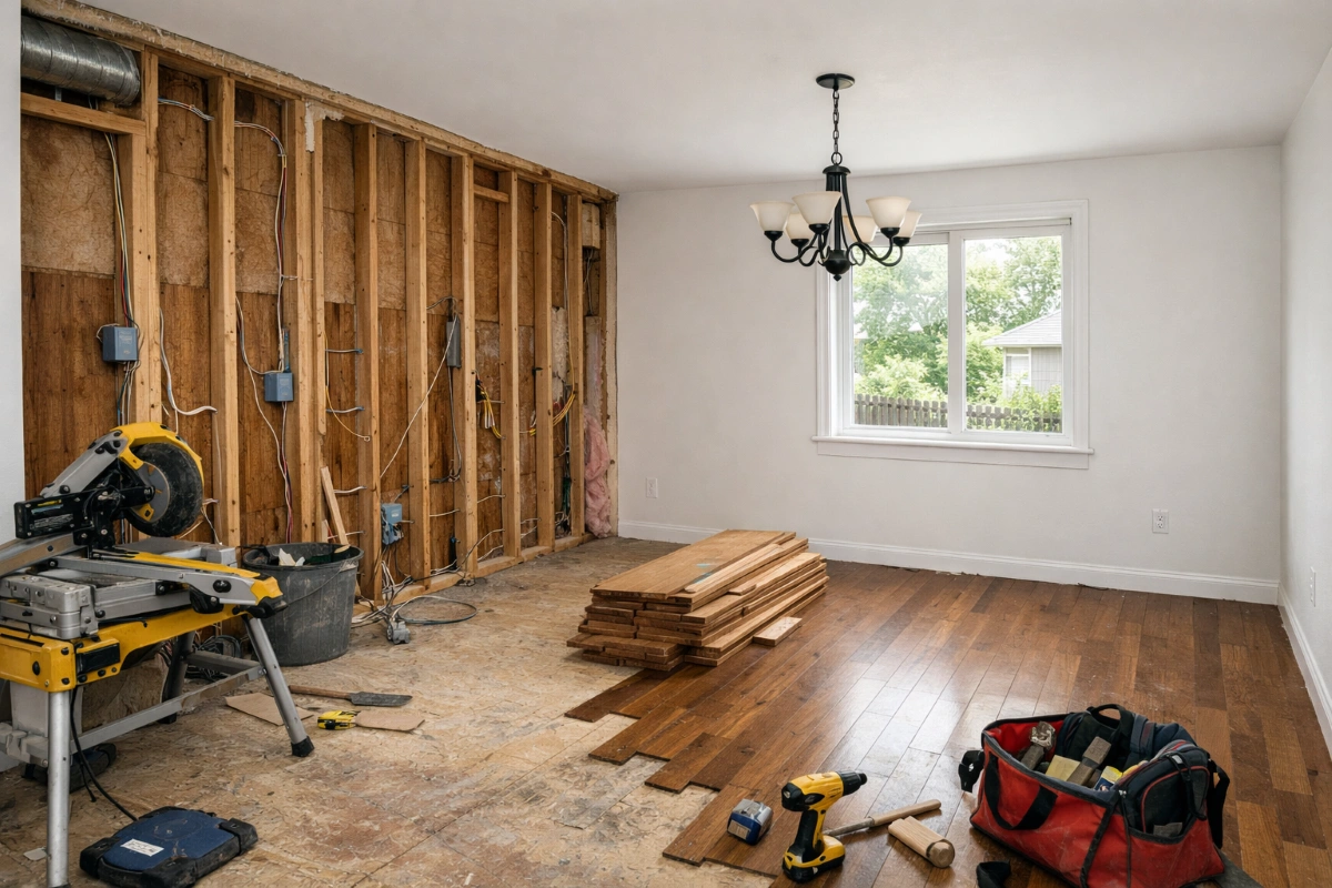 Dining room mid-remodel showing exposed framing and new flooring installation
