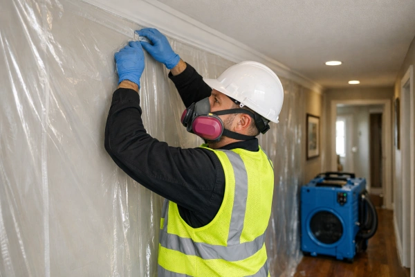 Contractor installing dust containment barrier with HEPA air scrubber during renovation