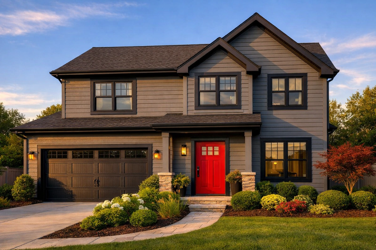 Exterior home remodel with new siding and front door