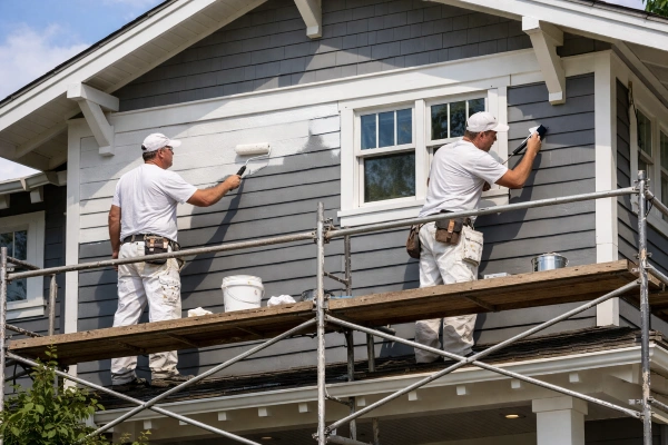 Professional exterior painting crew working on home