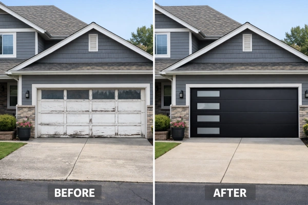Before and after garage door replacement boosting curb appeal