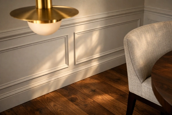 High-end dining room finishes with custom millwork and hardwood floors