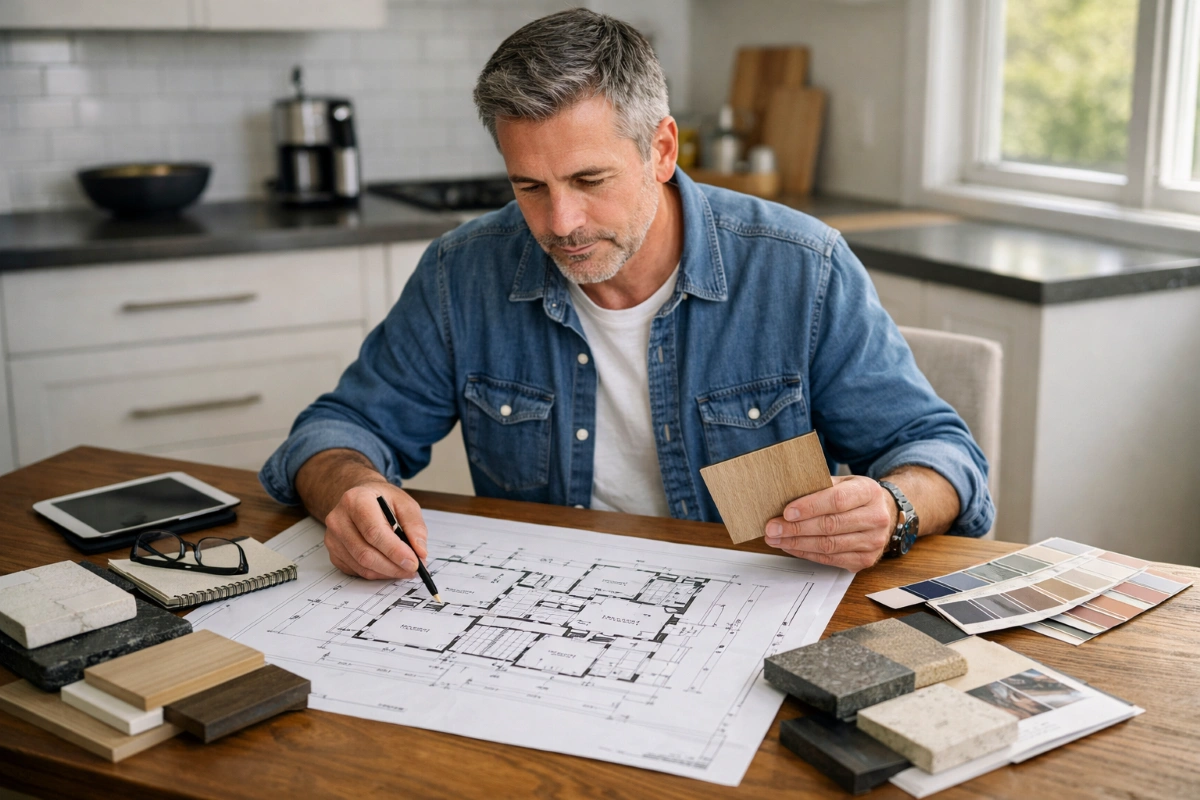 Blog - Philadelphia, PA 2 Homeowner reviewing home remodel plans and material samples at kitchen table