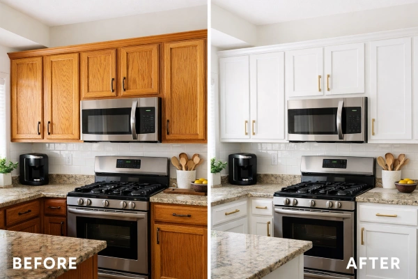 Before and after kitchen cabinet refacing from oak to white
