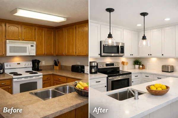 Before and after kitchen remodel showing return on investment potential
