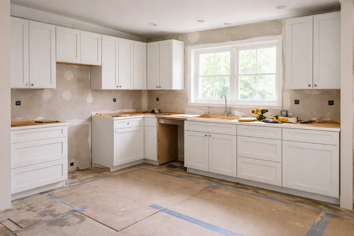 Kitchen remodel in progress with partially installed cabinets