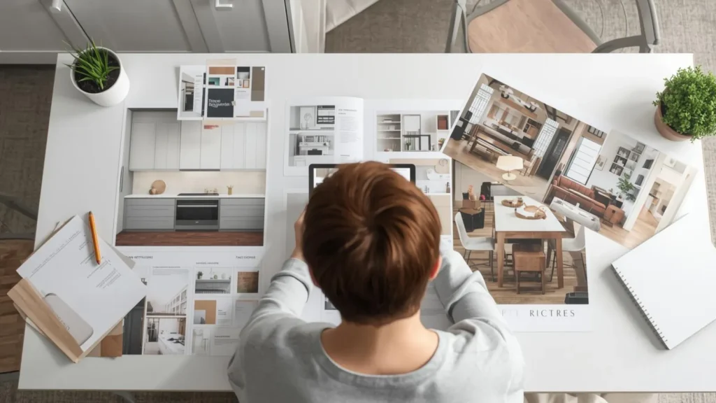 Homeowner reviewing kitchen remodel material samples