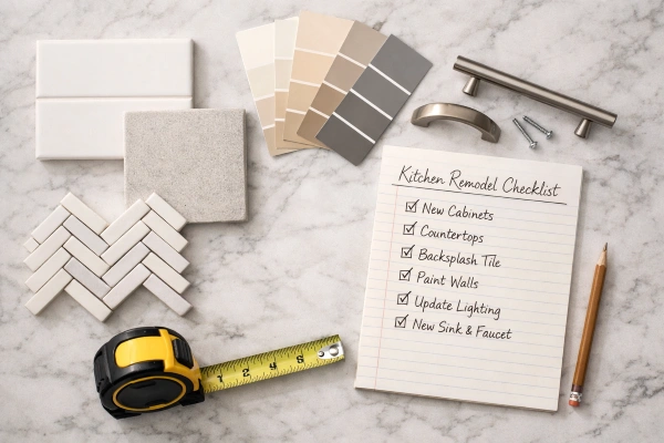 Kitchen remodel planning checklist with material samples